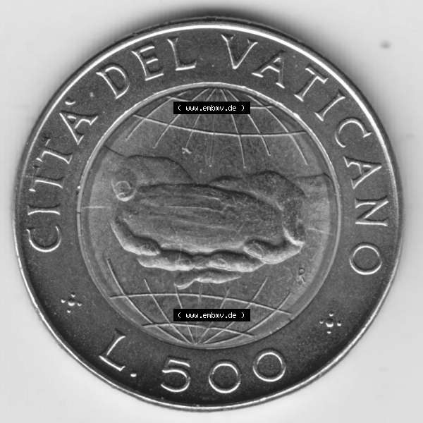 Grau bzw. s/w Münzen Vatikan / Vatikanstadt Umlaufmünze 1992-1992, 500 Lire Papst Giovanni Paolo II, Bild mit Rückseite der Münze als Bildmaterial. Münze aus dem Vatikan... Sammlung Graustufen