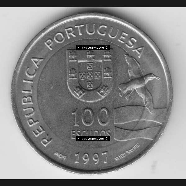 Grau bzw. s/w Münzen Portugal Gedenkmünze 1997-1997, 100 Escudo, EXPO98, Exposicao, Mundial de Lisaboa. Vorderseite der Gedenkmünze aus Portugal zum katalogisieren im Münzen-Katalog... Sammlung Graustufen