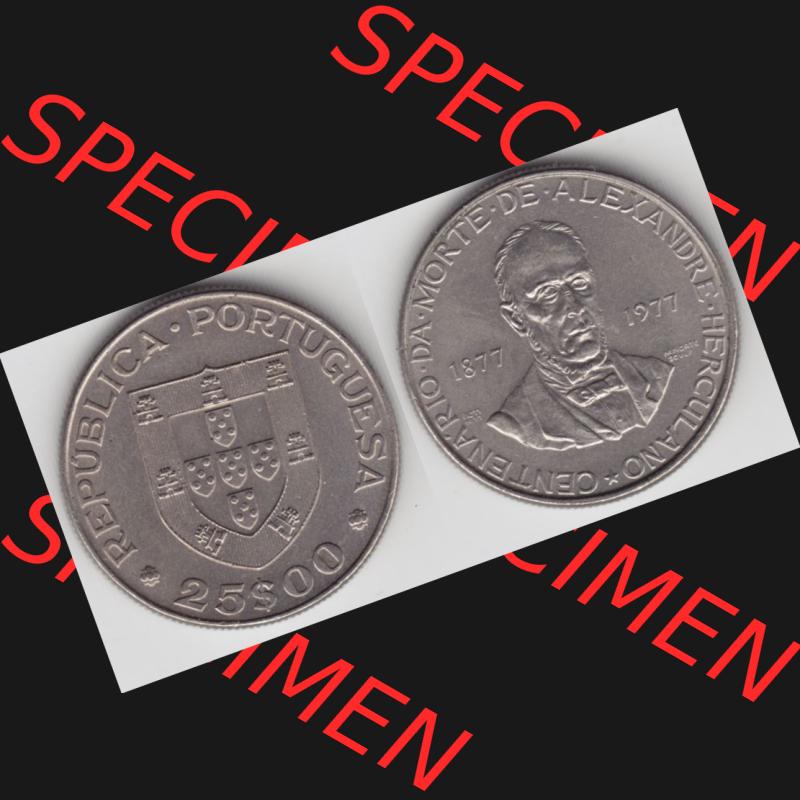 Münzen Portugal Gedenkmünze 1977-1977, 25 Escudo 1877-1977 Centenario Da Morte De Alexandre Herculano. Vorderseite und Rückseite auf einen Bild/Foto der portugiesischen... Sammlung