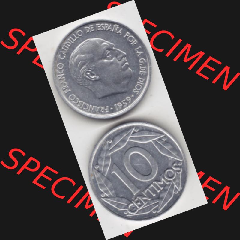 Münzen Spanien Umlaufmünze 1959-1959, 10 Centimos 1959, Münze aus Spanien, Umlaufmünze / aus Zahlungsverkehr mit Münzseiten Vertikal / Untereinander auf... Sammlung