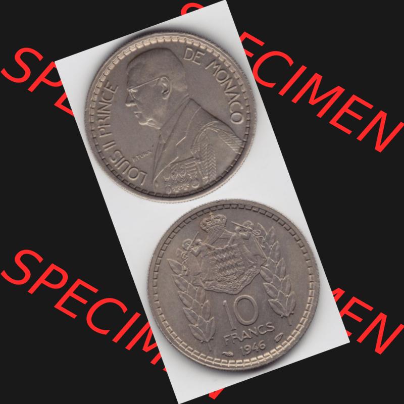Münzen Monaco Umlaufmünze 1946-1946, 10 Fr, Francs, Franken, Louis II Prince de Monaco, Münzseiten Untereinander als Bildmaterial Sammlung