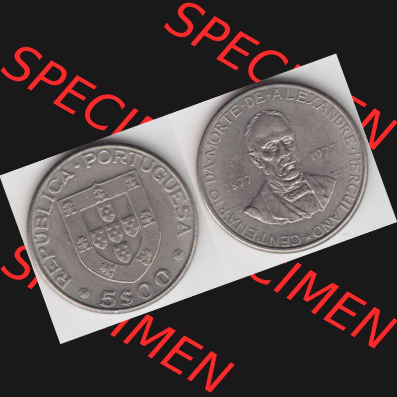 Münzen Portugal Gedenkmünze 1977-1977, 5 Escudo 1877-1977 Centenario Da Morte De Alexandre Herculano. Vorderseite und Rückseite auf einen Bild/Foto der portugiesischen Gedenkmünze... Sammlung