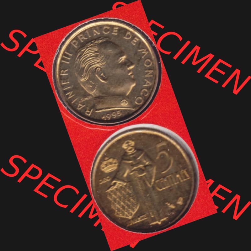 Münzen Monaco Umlaufmünze 1976-1995, 5 Centimes 1995, Münzseiten Untereinander als Bildmaterial Sammlung
