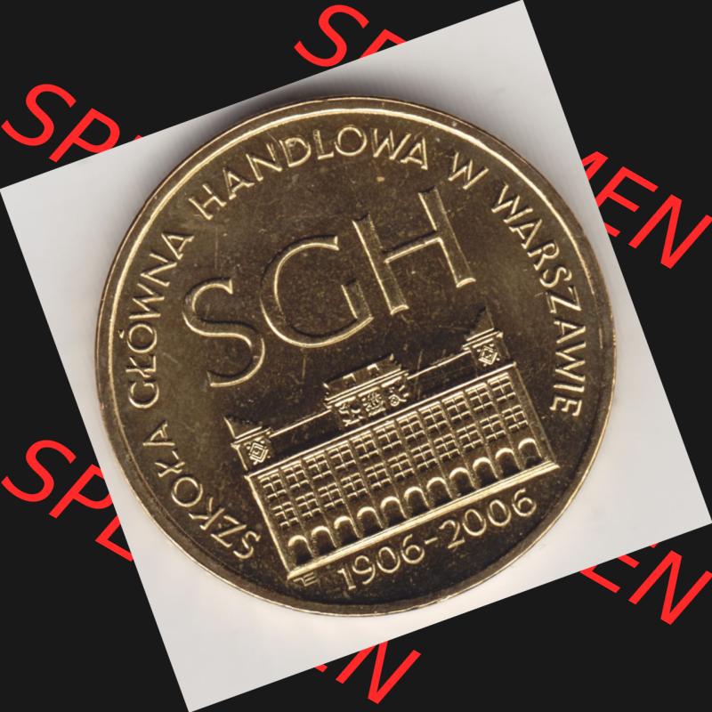 Münzen Polen Gedenkmünze 2006-2006, 2 Zloty, 100 Jahre Warschauer Hochschule für Wirtschaft, Bild mit Rückseite der Münze als Bildmaterial Sammlung