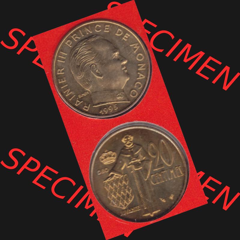 Münzen Monaco Umlaufmünze 1962-1995, 20 Centimes 1995, Münzseiten Untereinander als Bildmaterial Sammlung