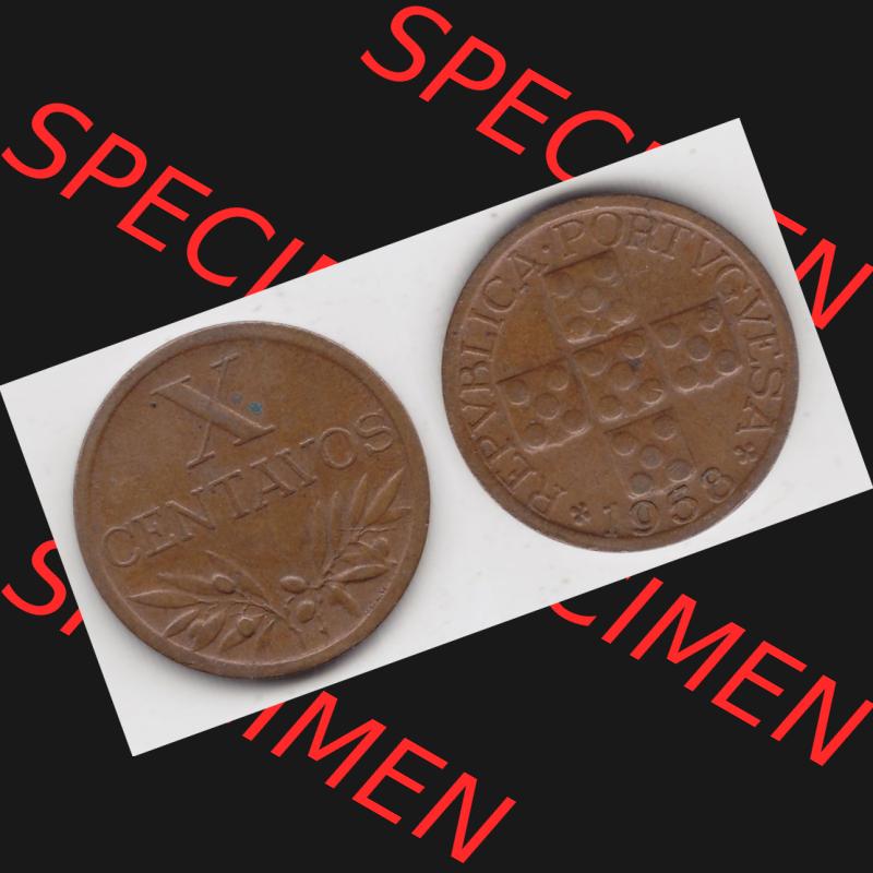 Münzen Portugal Umlaufmünze 1942-1969, 10 Centavos 1958. Vorderseite und Rückseite auf einen Bild/Foto der portugiesischen Umlaufmünze aus Portugal vor der Euro-Einführung... Sammlung