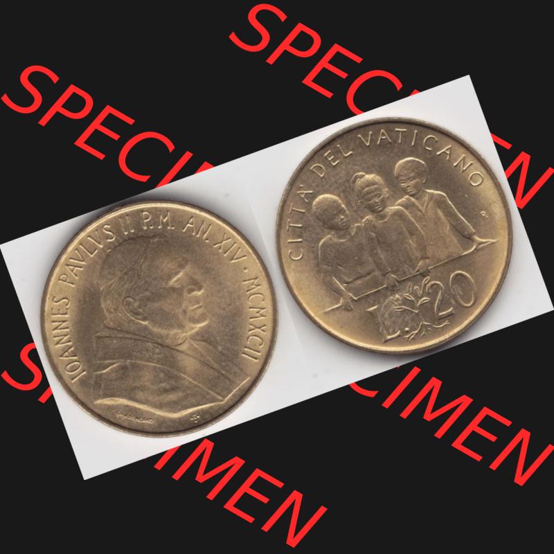 Münzen Vatikan / Vatikanstadt Umlaufmünze 1992-1992, 20 Lire Papst Giovanni Paolo II, Bild mit Vollansicht als Bildmaterial. Münze aus dem Vatikan der Vatikanstadt... Sammlung