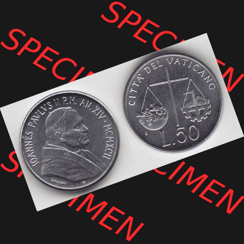 Münzen Vatikan / Vatikanstadt Umlaufmünze 1992-1992, 50 Lire Papst Giovanni Paolo II, Bild mit Vollansicht als Bildmaterial. Münze aus dem Vatikan der Vatikanstadt... Sammlung