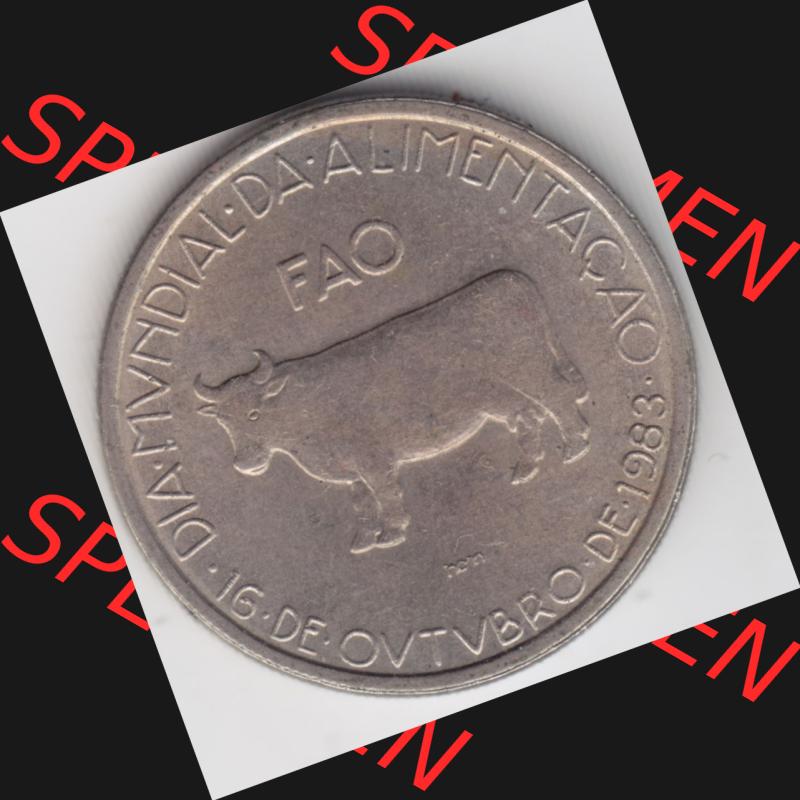 Münzen Portugal Gedenkmünze 1983-1983, 5 Escudos Da Mvndial Da Alimentacao, 16 De Ovtvbro De 1983. Rückseite der portugiesischen Gedenkmünze aus Portugal vor der... Sammlung