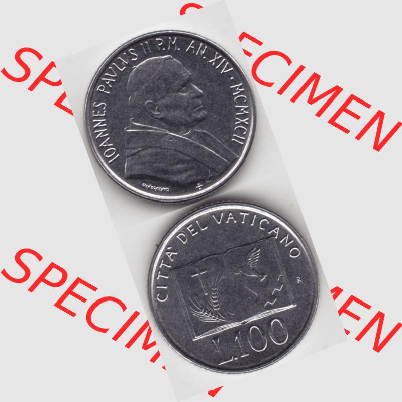 Münzen Vatikan / Vatikanstadt Umlaufmünze 1992-1992, 100 Lire Papst Giovanni Paolo II, Münzseiten Untereinander als Bildmaterial. Münze aus dem Vatikan der Vatikanstadt... Sammlung