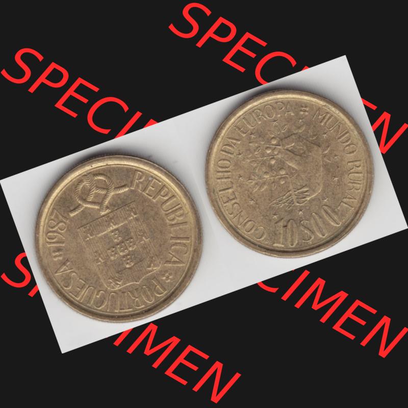 Münzen Portugal Gedenkmünze 1987-1987, 10 Escudo, Conseliio Da Europa, Mundo Rural. Vorderseite und Rückseite auf einen Bild/Foto der portugiesischen Gedenkmünze... Sammlung