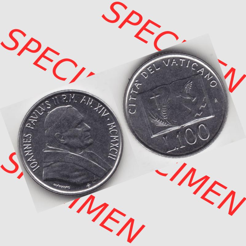 Münzen Vatikan / Vatikanstadt Umlaufmünze 1992-1992, 100 Lire Papst Giovanni Paolo II, Bild mit Vollansicht als Bildmaterial. Münze aus dem Vatikan der Vatikanstadt... Sammlung