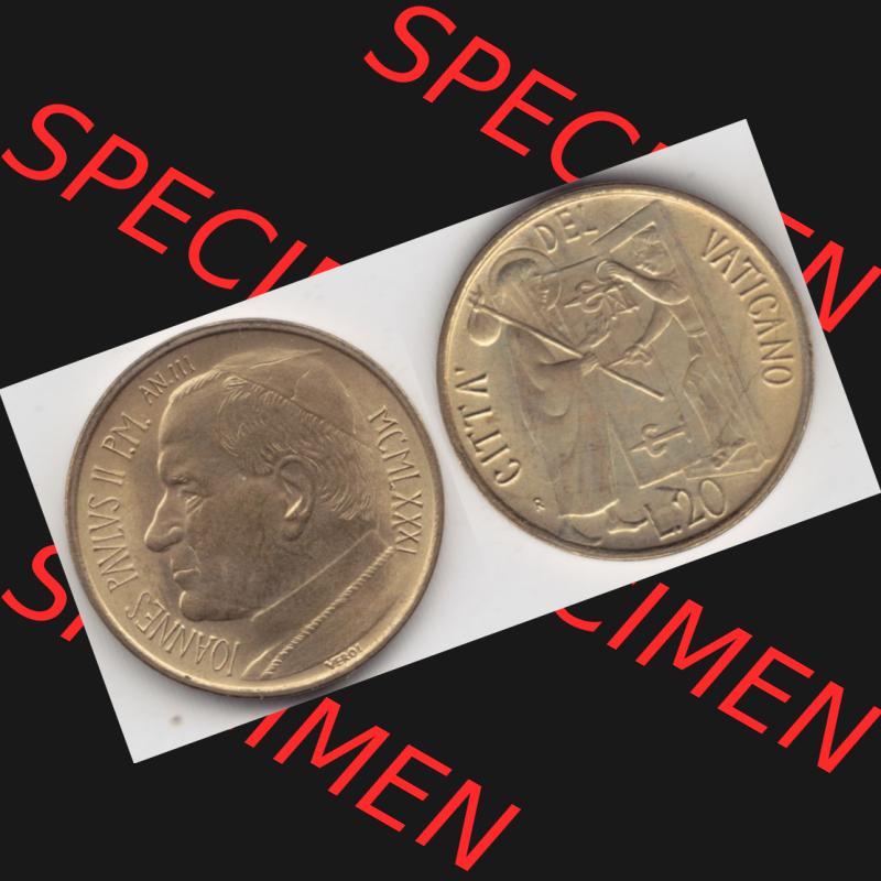 Münzen Vatikan / Vatikanstadt Umlaufmünze 1981-1981, 20 Lire Papst Johannes Paul II, Bild mit Vollansicht als Bildmaterial. Münze aus dem Vatikan der Vatikanstadt... Sammlung