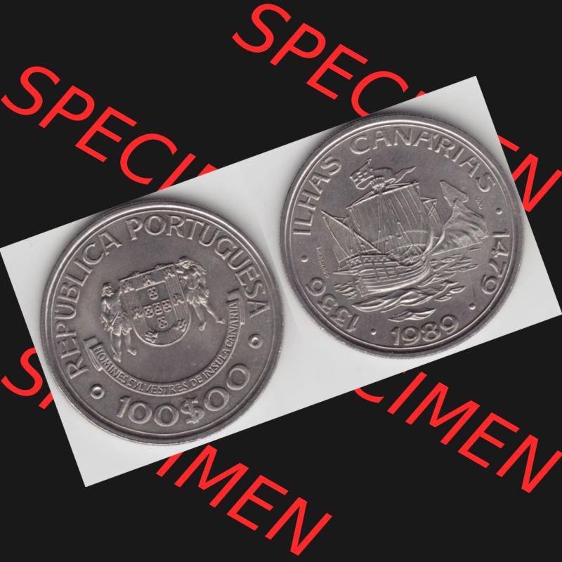 Münzen Portugal Gedenkmünze 1989-1989, 100 Escudos Ilhas Canarias. Vorderseite und Rückseite auf einen Bild/Foto der portugiesischen Gedenkmünze aus Portugal vor der... Sammlung