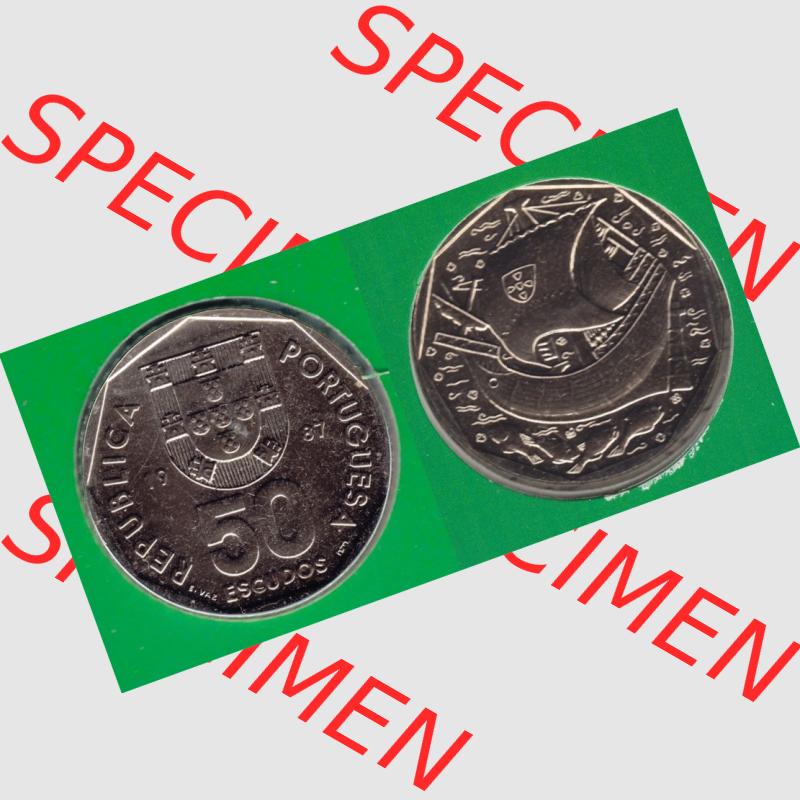 Münzen Portugal KMS Umlaufmünze 1987, 50 Escudos. Vorderseite und Rückseite auf einen Bild/Foto der portugiesischen Umlaufmünze aus Portugal vor der Euro-Einführung... Sammlung