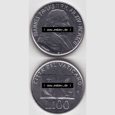 Münzen Vatikan / Vatikanstadt Umlaufmünze 1992-1992, 100 Lire Papst Giovanni Paolo II, Münzseiten Untereinander als Bildmaterial. Münze aus dem Vatikan der Vatikanstadt... Sammlung