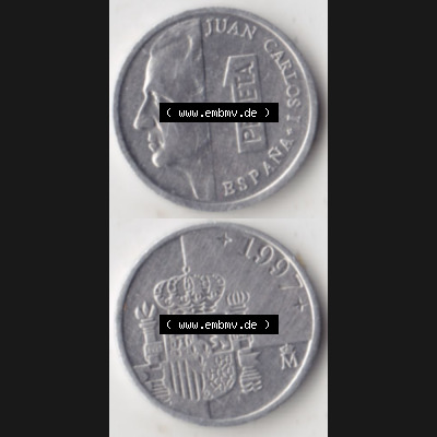 Münzen Spanien Umlaufmünze 1989-2001, 1 Pesete 1997, Münze aus Spanien, Umlaufmünze / aus Zahlungsverkehr mit Münzseiten Vertikal / Untereinander auf... Sammlung