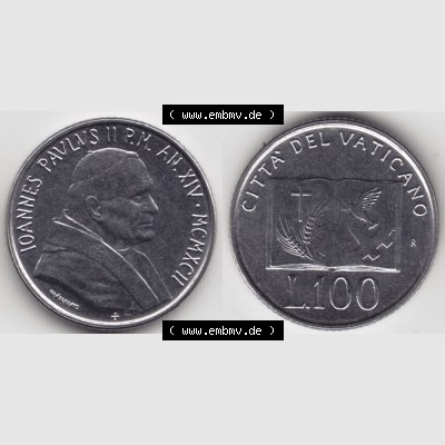 Münzen Vatikan / Vatikanstadt Umlaufmünze 1992-1992, 100 Lire Papst Giovanni Paolo II, Bild mit Vollansicht als Bildmaterial. Münze aus dem Vatikan der Vatikanstadt... Sammlung