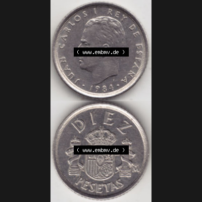 Münzen Spanien Umlaufmünze 1984-1984, 10 Peseten 1984, Münze aus Spanien, Umlaufmünze / aus Zahlungsverkehr mit Münzseiten Vertikal / Untereinander auf... Sammlung