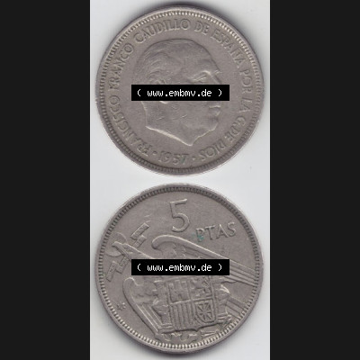 Münzen Spanien Umlaufmünze 1957, 1957-1975, 5 PTAS, Peseten 1958, Münze aus Spanien, Umlaufmünze / aus Zahlungsverkehr mit Münzseiten Vertikal... Sammlung
