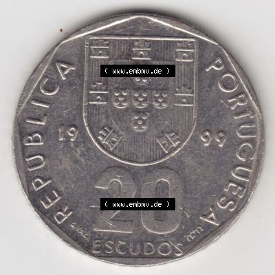 Münzen Portugal Umlaufmünze 1998-2001, 20 Escudos 1999. Vorderseite der Escudo Umlaufmünze aus Portugal vor EInführung der Euromünzen in Portugal zum katalogisieren... Sammlung