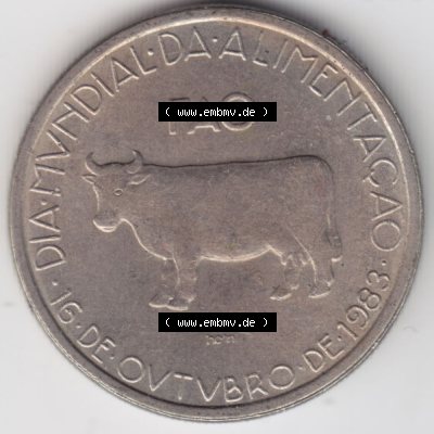 Münzen Portugal Gedenkmünze 1983-1983, 5 Escudos Da Mvndial Da Alimentacao, 16 De Ovtvbro De 1983. Rückseite der portugiesischen Gedenkmünze aus Portugal vor der... Sammlung