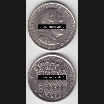 Münzen Monaco Umlaufmünze 1960-1995, 1 Fr, Franc, Franken Rainier III Prince de Monaco I. 1968, Münzseiten Untereinander als Bildmaterial Sammlung