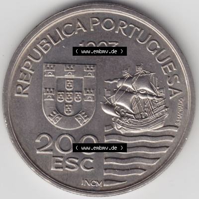 Münzen Portugal Gedenkmünze 1993-1993, 200 Escudos, Enviados Daimios Kiushu. Vorderseite der Gedenkmünze aus Portugal zum katalogisieren im Münzen-Katalog und der... Sammlung
