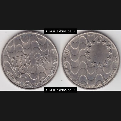 Münzen Portugal Gedenkmünze 1992-1992, 200 Escudos, Presidencia da Comunidade Europeia. Vorderseite und Rückseite auf einen Bild/Foto der portugiesischen Gedenkmünze... Sammlung