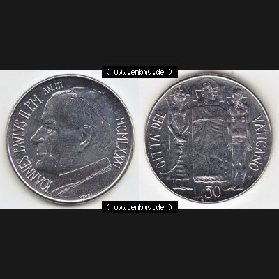 Münzen Vatikan / Vatikanstadt Umlaufmünze 1981-1981, 50 Lire Papst Johannes Paul II, Bild mit Vollansicht als Bildmaterial. Münze aus dem Vatikan der Vatikanstadt... Sammlung