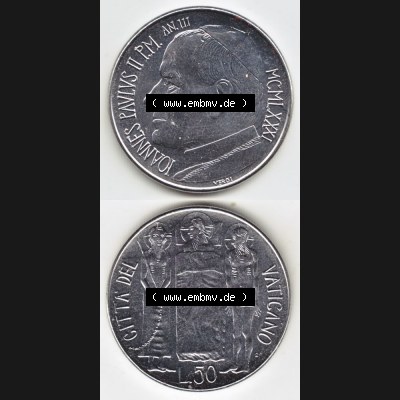 Münzen Vatikan / Vatikanstadt Umlaufmünze 1981-1981, 50 Lire Papst Johannes Paul II, Münzseiten Untereinander als Bildmaterial. Münze aus dem Vatikan der Vatikanstadt... Sammlung