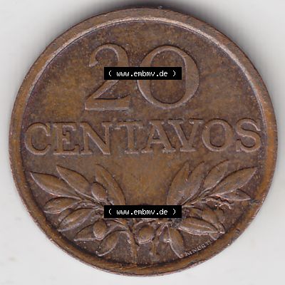 Münzen Portugal Umlaufmünze 1969-1974, 20 Centavos 1974. Vorderseite der Escudo Umlaufmünze aus Portugal vor EInführung der Euromünzen in Portugal zum katalogisieren... Sammlung
