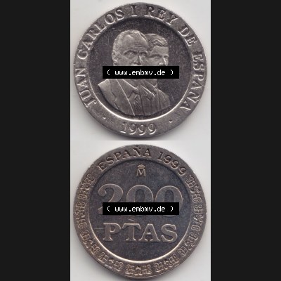 Münzen Spanien Umlaufmünze 1998-2000, 200 PTAS, Peseten 1999, Münze aus Spanien, Umlaufmünze / aus Zahlungsverkehr mit Münzseiten Vertikal / Untereinander... Sammlung
