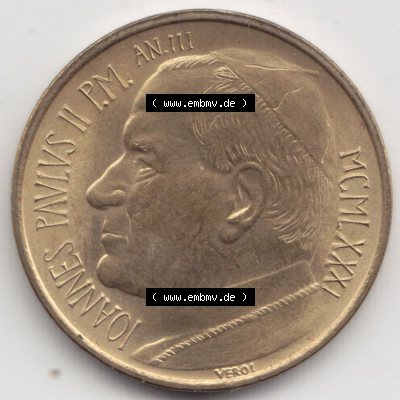 Münzen Vatikan / Vatikanstadt Umlaufmünze 1981-1981, 20 Lire Papst Johannes Paul II, Bild mit Vorderseite der Münze als Bildmaterial. Münze aus dem Vatikan der... Sammlung