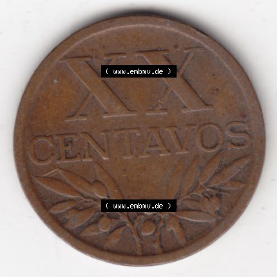 Münzen Portugal Umlaufmünze 1942-1969, 20 Centavos 1949. Vorderseite der Escudo Umlaufmünze aus Portugal vor EInführung der Euromünzen in Portugal zum katalogisieren... Sammlung