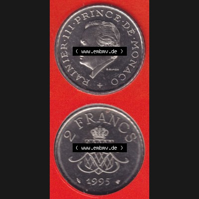 Münzen Monaco Umlaufmünze 1995-1995, 2 Francs 1995, Münzseiten Untereinander als Bildmaterial Sammlung