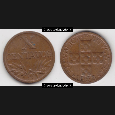 Münzen Portugal Umlaufmünze 1942-1969, 10 Centavos 1958. Vorderseite und Rückseite auf einen Bild/Foto der portugiesischen Umlaufmünze aus Portugal vor der Euro-Einführung... Sammlung