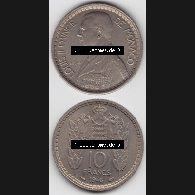 Münzen Monaco Umlaufmünze 1946-1946, 10 Fr, Francs, Franken, Louis II Prince de Monaco, Münzseiten Untereinander als Bildmaterial Sammlung
