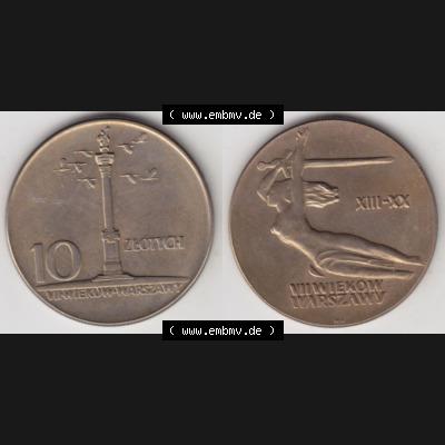 Münzen Polen Gedenkmünze 1965-1965, 10 Zloty 700 Jahre Warschau, Sigismundssäule, Bild mit Vollansicht als Bildmaterial Sammlung