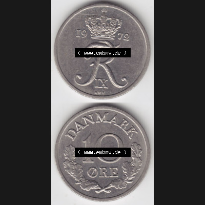 Münzen Dänemark Umlaufmünze 1972, 10 Öre. Vorderseite und Rückseite vertikal auf einen digitalen Bild der alten dänischen Umlaufmünze aus Dänemark zum... Sammlung