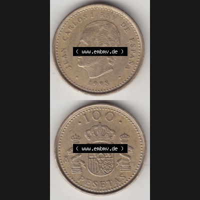 Münzen Spanien Umlaufmünze 1998-2000, 100 Pesetas - Peseten 1998, Münze aus Spanien, Umlaufmünze / aus Zahlungsverkehr mit Münzseiten Vertikal / Untereinander... Sammlung