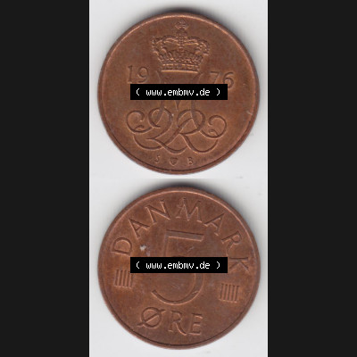 Münzen Dänemark Umlaufmünze 1976, 5 Öre. Vorderseite und Rückseite vertikal auf einen digitalen Bild der alten dänischen Umlaufmünze aus Dänemark zum... Sammlung