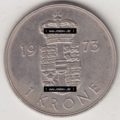 Münzen Dänemark Umlaufmünze 1973-1989, 1 Krone 1973, Königin Margrethe II.. Rückseite der alten dänischen Umlaufmünze aus Dänemark zum... Sammlung