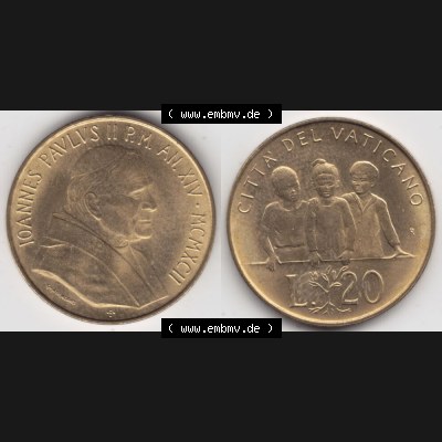 Münzen Vatikan / Vatikanstadt Umlaufmünze 1992-1992, 20 Lire Papst Giovanni Paolo II, Bild mit Vollansicht als Bildmaterial. Münze aus dem Vatikan der Vatikanstadt... Sammlung