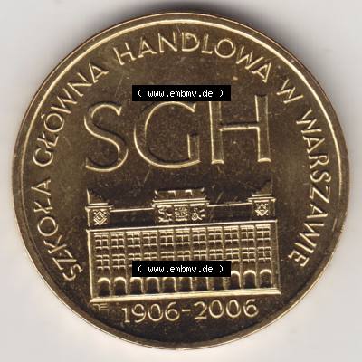 Münzen Polen Gedenkmünze 2006-2006, 2 Zloty, 100 Jahre Warschauer Hochschule für Wirtschaft, Bild mit Rückseite der Münze als Bildmaterial Sammlung
