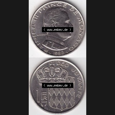 Münzen Monaco Umlaufmünze 1960-1995, 1 Fr, Franc, Franken Rainier III Prince de Monaco I. 1982, Münzseiten Untereinander als Bildmaterial Sammlung