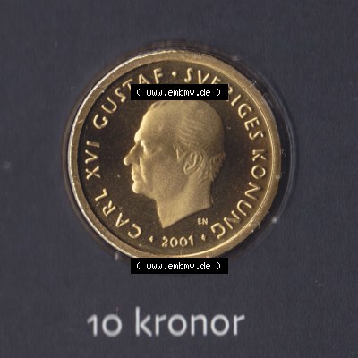 Münzen Schweden Umlaufmünze 2001-2009, 10 Kronen 2001 KMS, Bild mit Vorderseite der Münze als Bildmaterial Sammlung