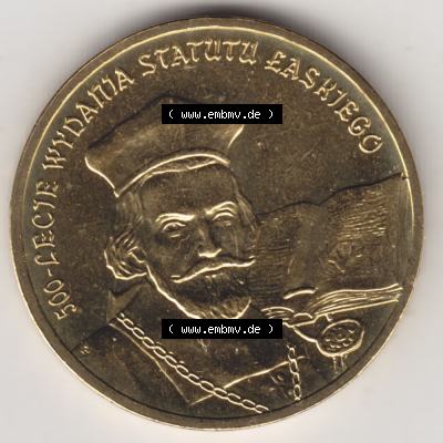 Münzen Polen Gedenkmünze 2006-2006, 2 Zloty, 500. Jahrestag - Proklamation des Statuts von Jan Laski, Bild mit Rückseite der Münze als Bildmaterial Sammlung