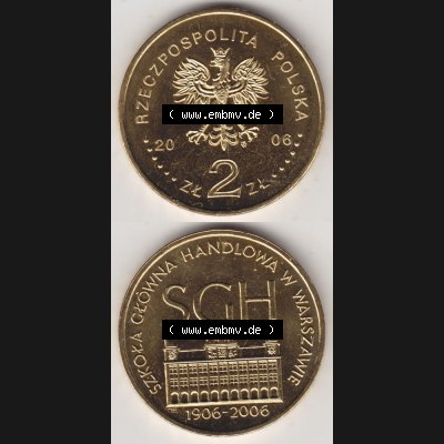 Münzen Polen Gedenkmünze 2006-2006, 2 Zloty, 100 Jahre Warschauer Hochschule für Wirtschaft, Münzseiten Untereinander als Bildmaterial Sammlung