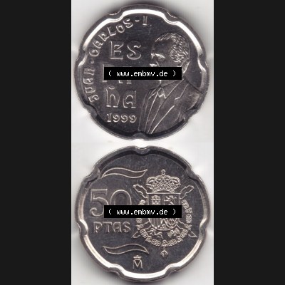 Münzen Spanien Umlaufmünze 1998-2000, 50 Ptas, Peseten 1999, Münze aus Spanien, Umlaufmünze / aus Zahlungsverkehr mit Münzseiten Vertikal / Untereinander... Sammlung